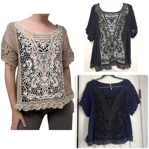 Free People Tops - Oversized Free People Crochet Short Sleeve Blouse Shirt Top Ruffle Black Blue XS
